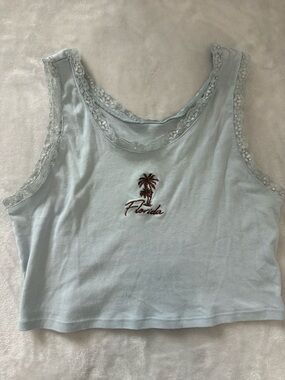Lace-Trim Light Blue Florida Palm Tank Crop Top